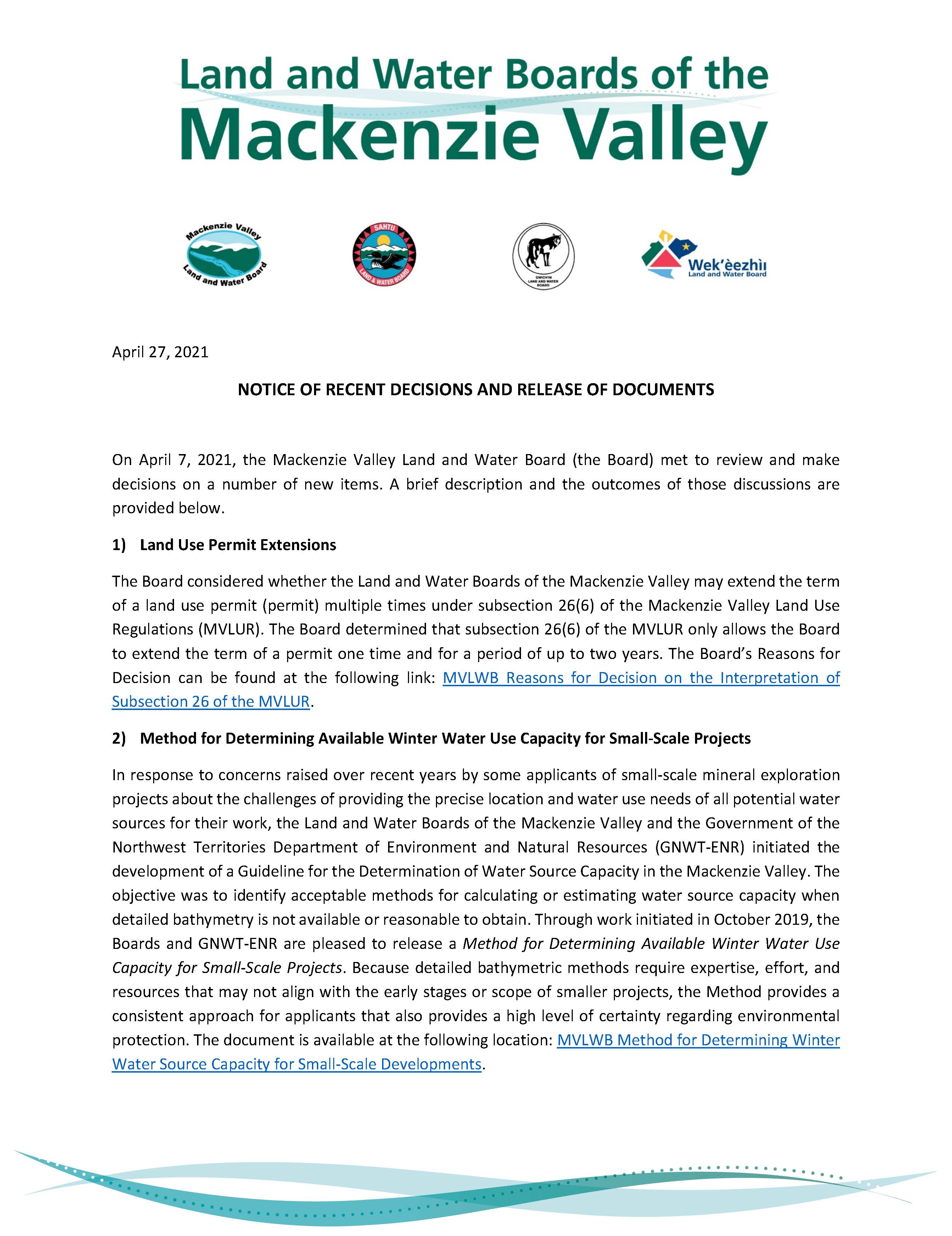 Notice of Recent Decisions and Release of Documents - Page 1